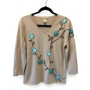 Bechamel Beige Cream 100% Cotton Knit Sweater w/ Floral Crochet and Embroidery